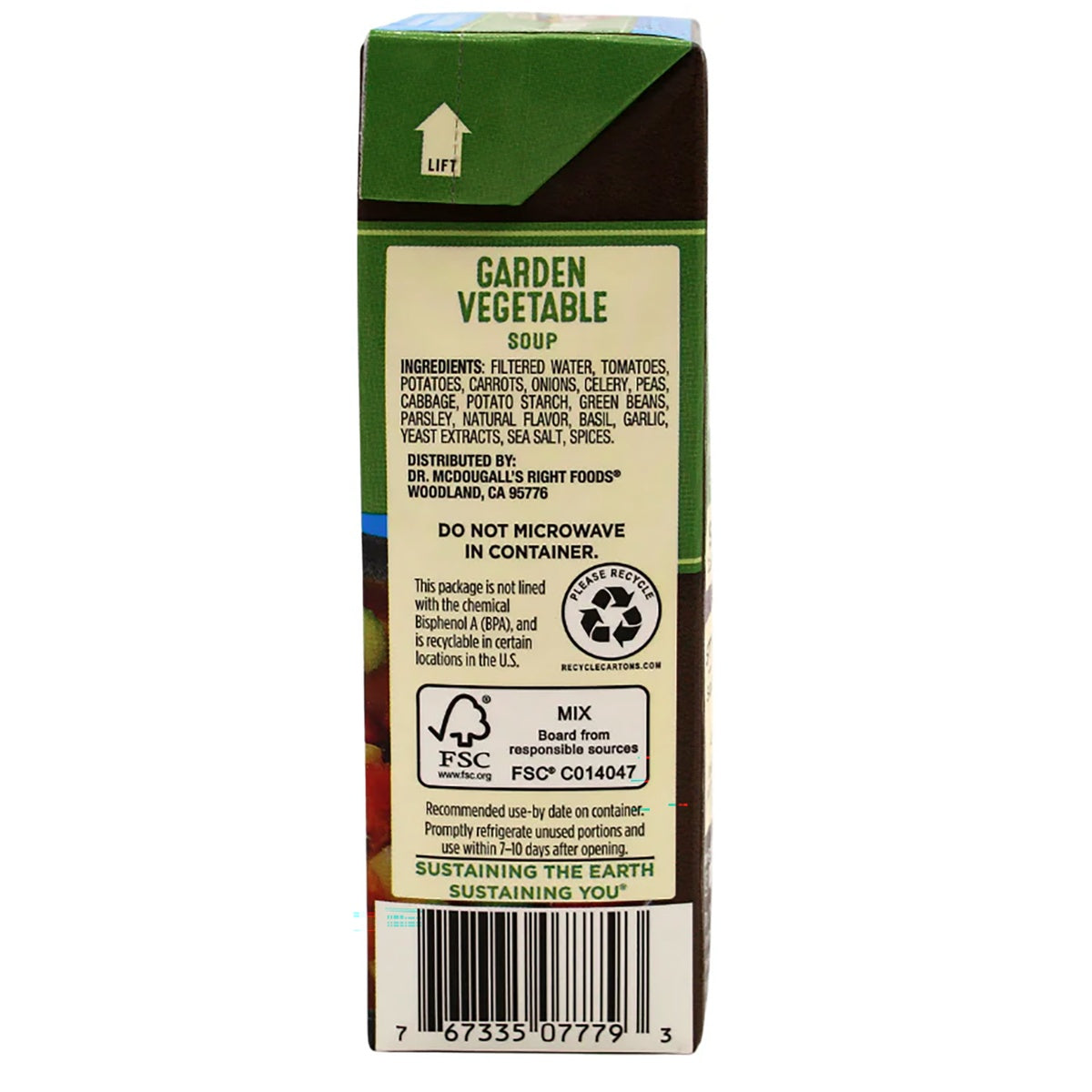 DMD014 | Back of Garden Vegetable Soup carton with ingredients, recycling, and barcode