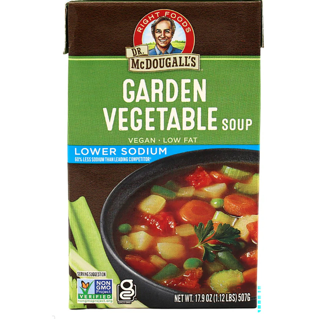 DMD014 | Dr. McDougall's Garden Vegetable lower sodium soup carton showing bowl of vegetable soup and front label - Thumbnail