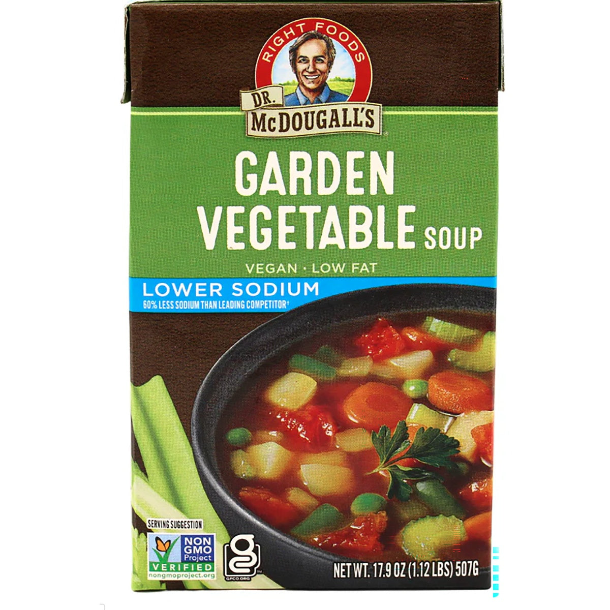 DMD014 | Dr. McDougall's Garden Vegetable lower sodium soup carton showing bowl of vegetable soup and front label