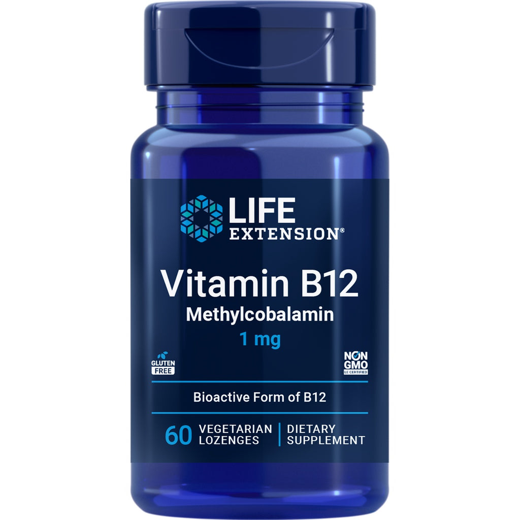 LE339 | Blue bottle labeled LIFE EXTENSION Methyl-Cobalamin 1 mg, 60 vegetarian lozenges dietary supplement - Thumbnail