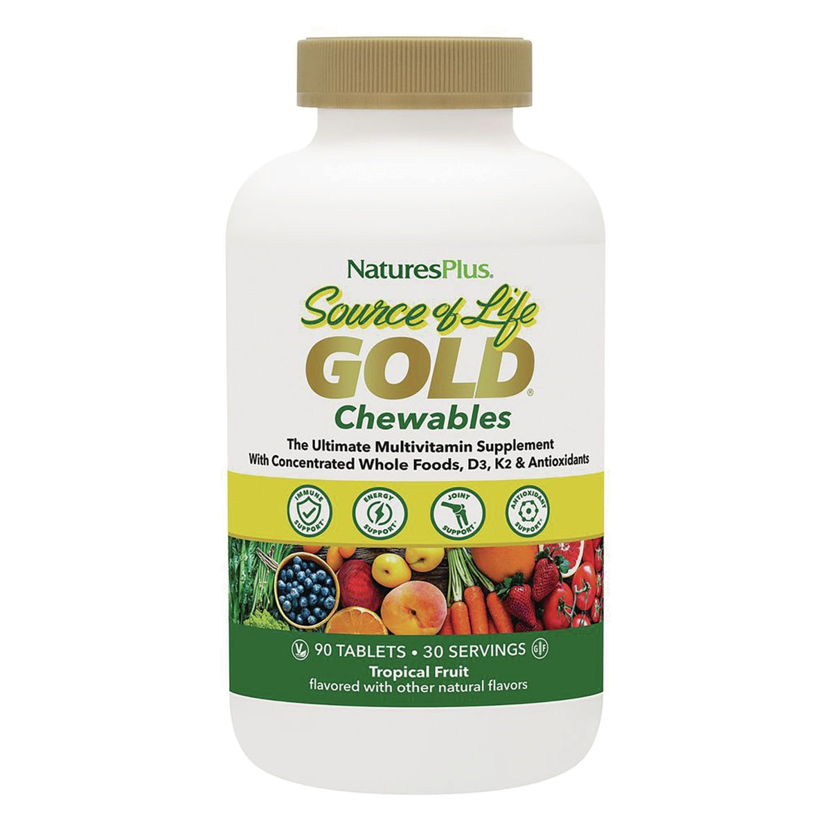 NTP200 | NaturesPlus Source of Life Gold chewable multivitamin bottle, tropical fruit flavor, 90 vegetarian tablets