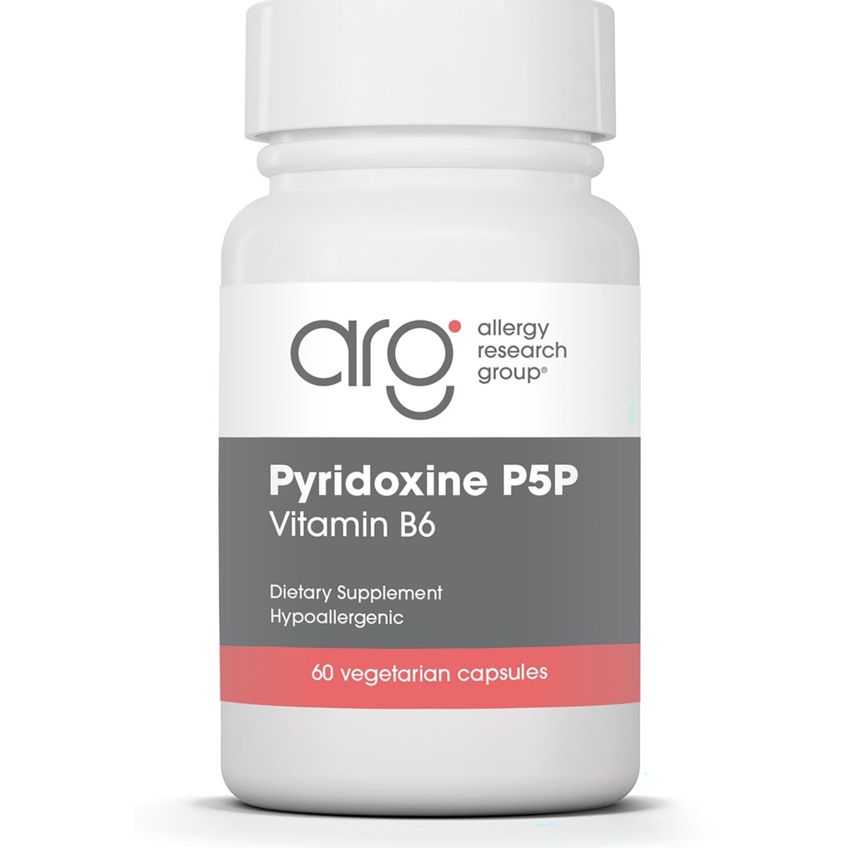 ARG026 | white supplement bottle with blue label reading Pyridoxine P5P Vitamin B6 hypoallergenic 60 vegetarian capsules