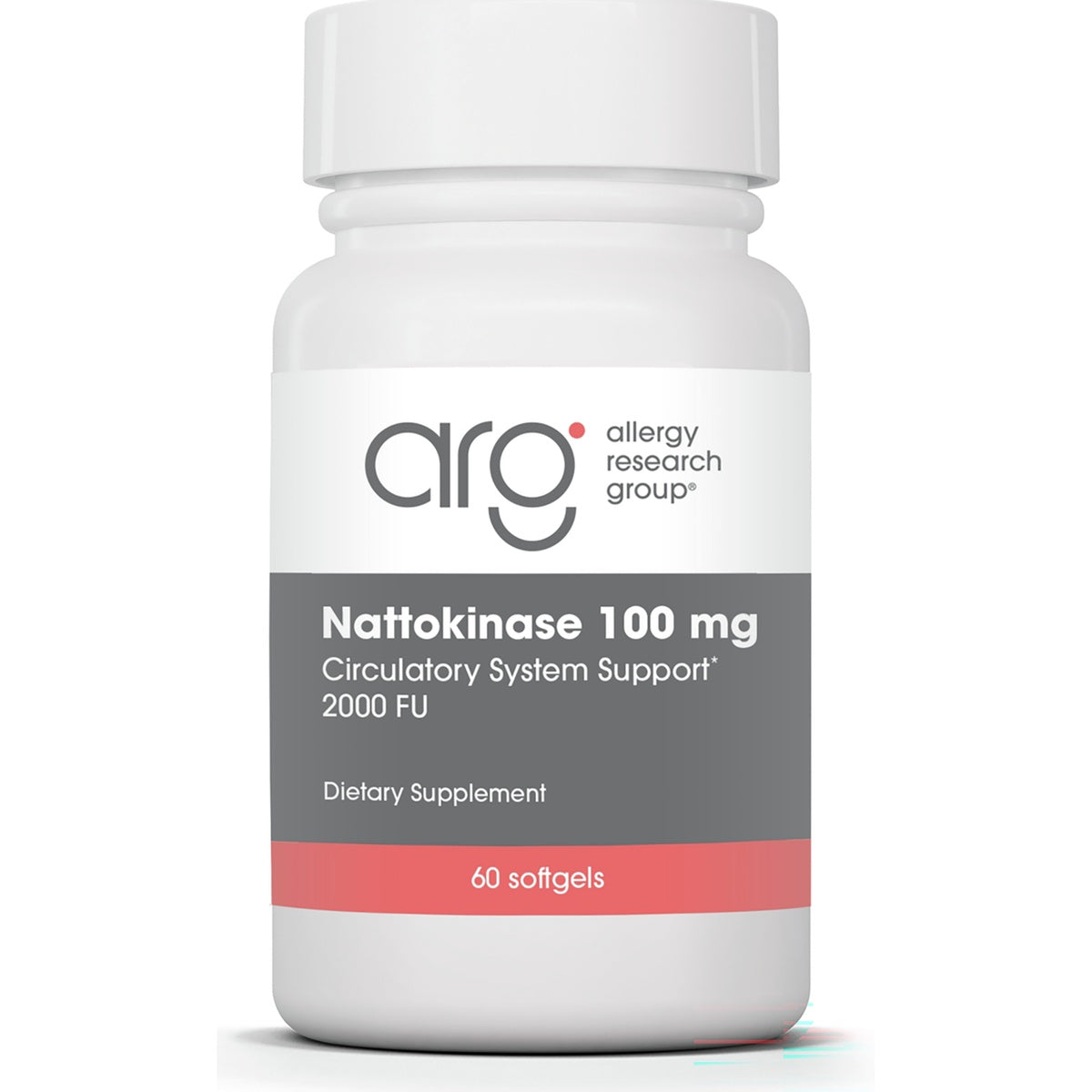 ARG010 | White supplement bottle with blue label reading Nattokinase 100 mg NSK-SD 2000 FU and 60 softgels