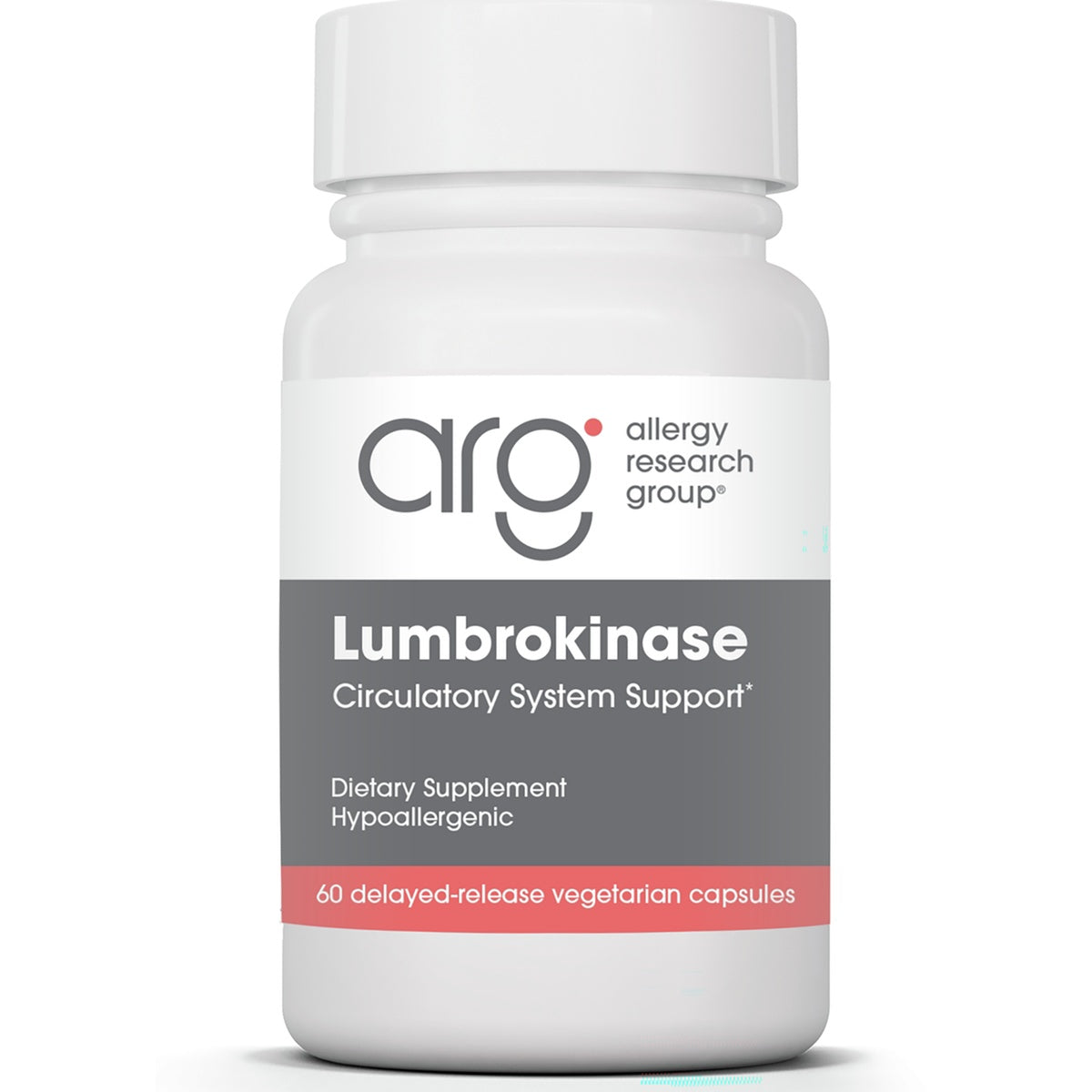 ARG014 | white supplement bottle with blue label reading Lumbrokinase Circulatory System Support, 60 vegicaps