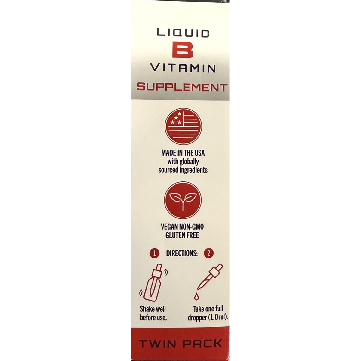 SUB001 | Liquid B vitamin supplement box with made in the USA, vegan, non-GMO, and gluten-free claims