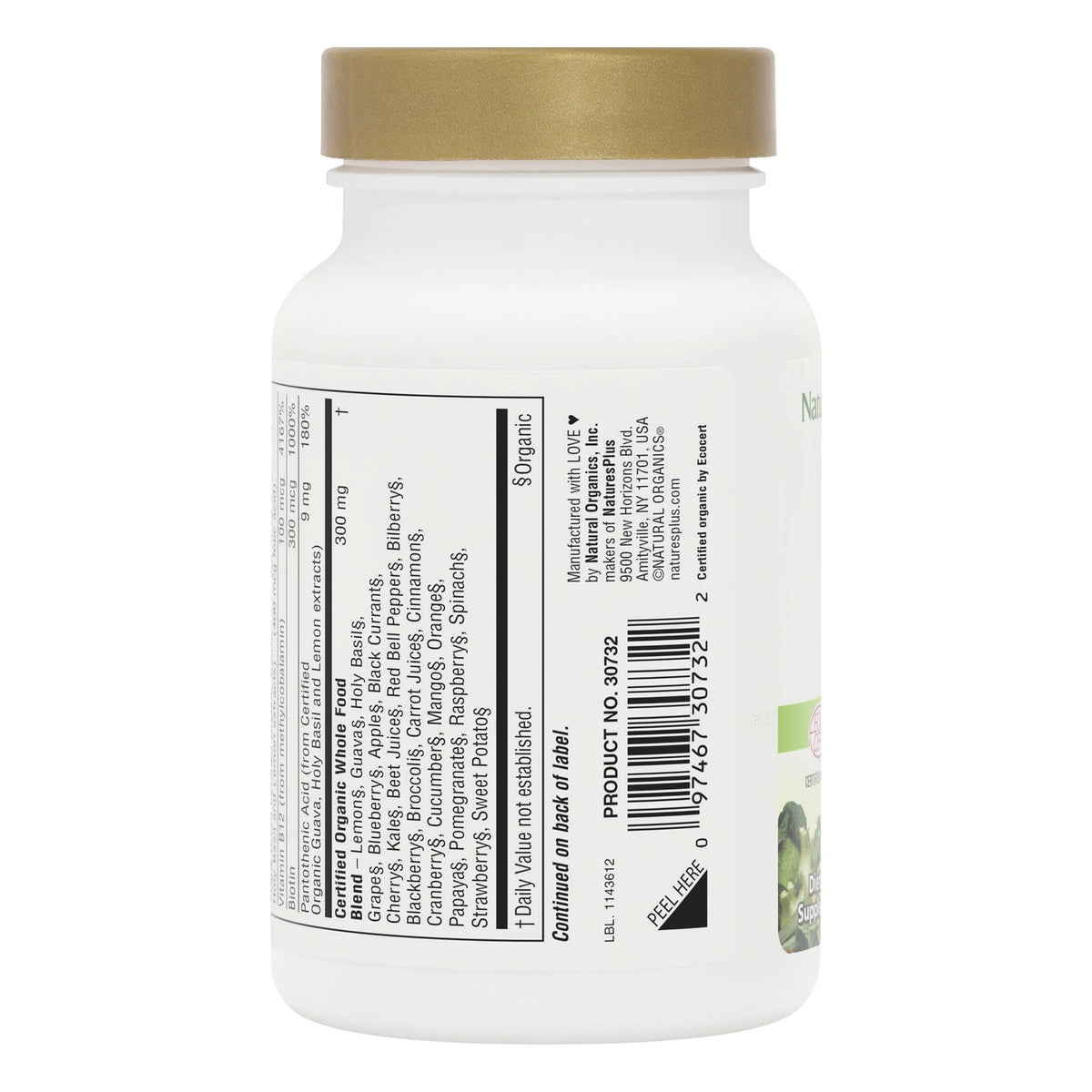 NTP324 | Back of supplement bottle showing ingredients, barcode, and certified organic label