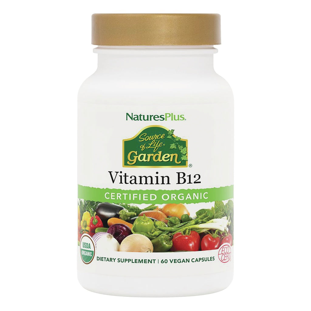 NTP328 | Source of Life Garden Vitamin B12 bottle front label showing USDA Organic whole food grown 60 vegan capsules - Thumbnail