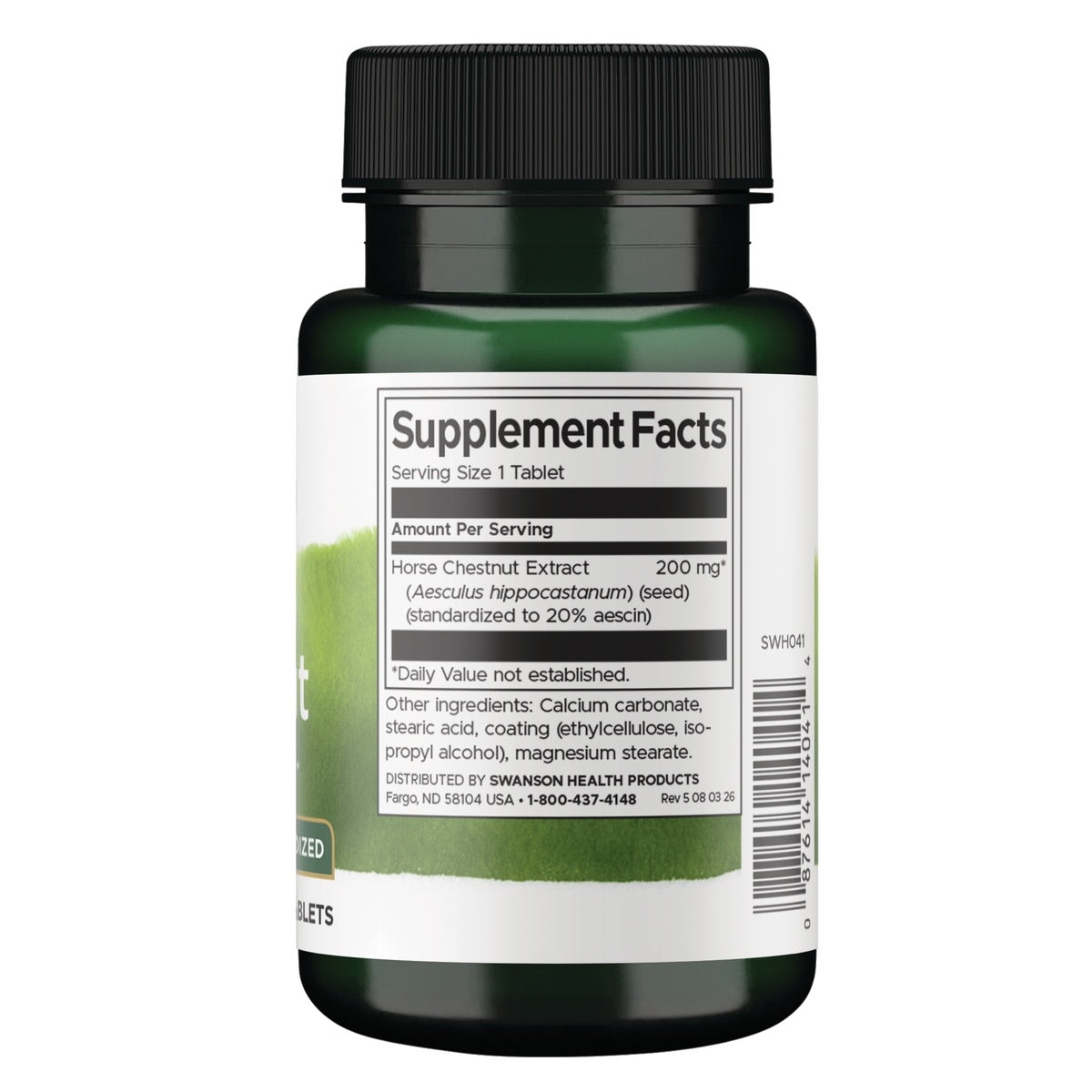 SWH041 | Back label with Supplement Facts for Horse Chestnut Extract 200 mg, serving size 1 timed-release tablet