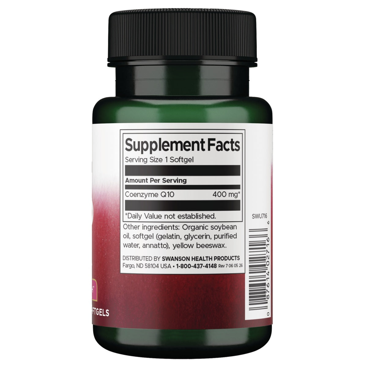 SWU716 | Back of supplement bottle showing Supplement Facts panel with Coenzyme Q10 400 mg
