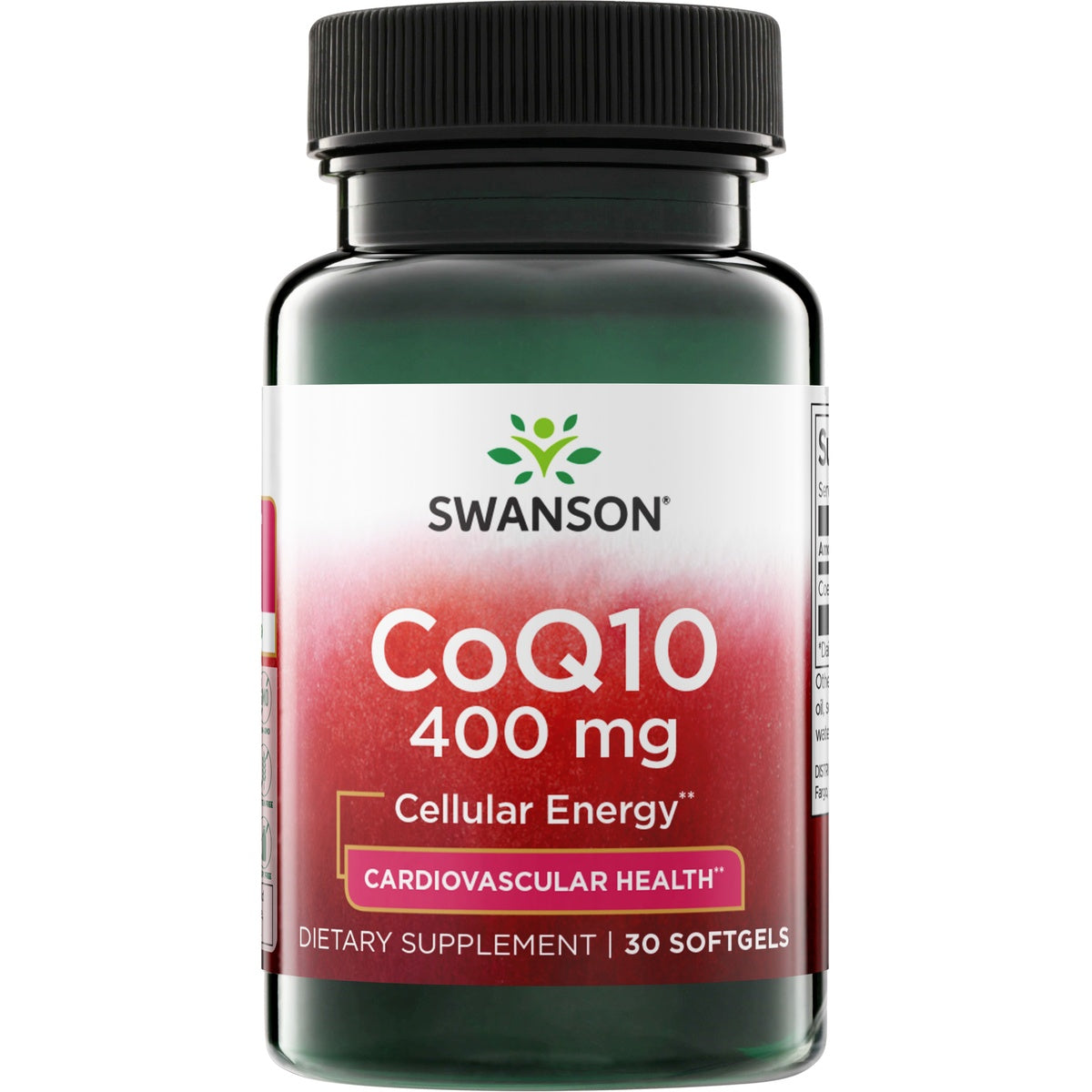 SWU716 | Swanson CoQ10 dietary supplement bottle, 400 mg per softgel, maximum potency, 30 softgels, Cardiovascular Health