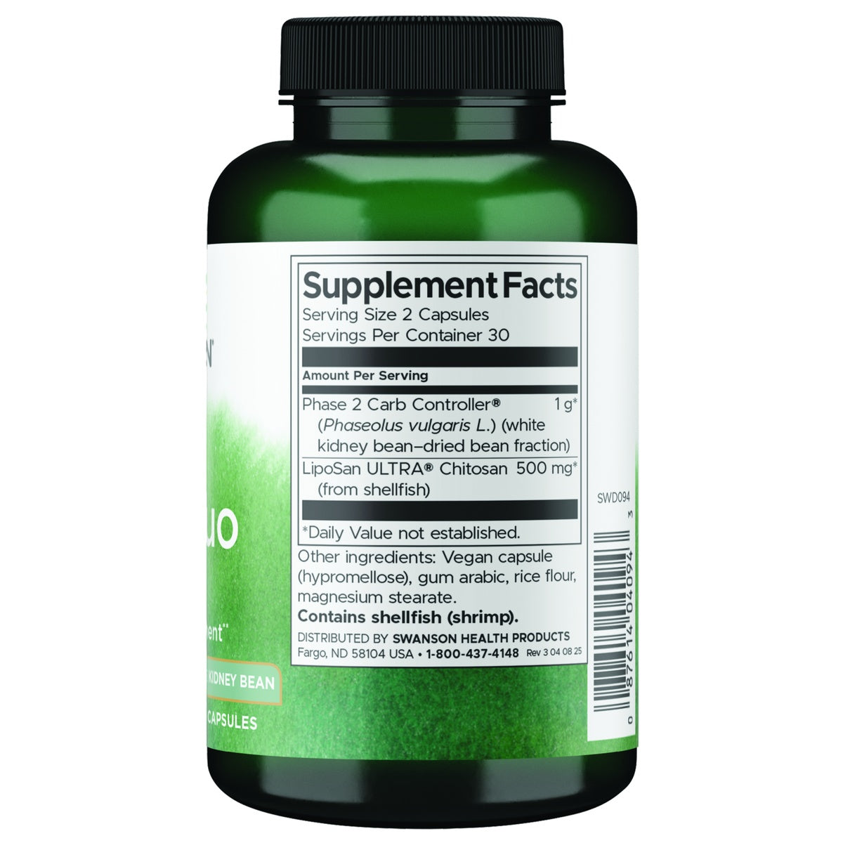SWD094 | Back label with Supplement Facts, serving size 2 capsules, ingredients, and shellfish warning