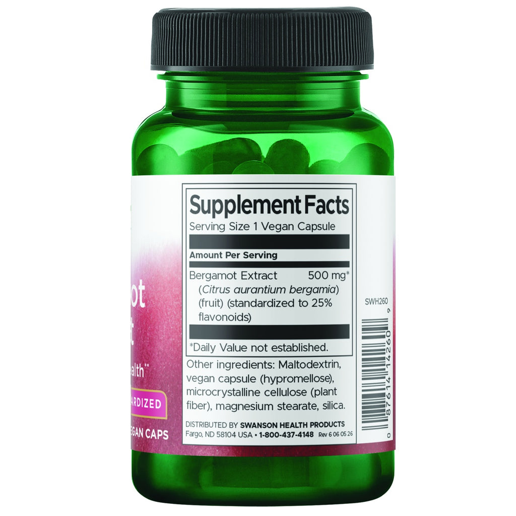 SWH260 | Back label showing Supplement Facts: Bergamot Fruit Extract 500 mg, ingredients and barcode - Thumbnail