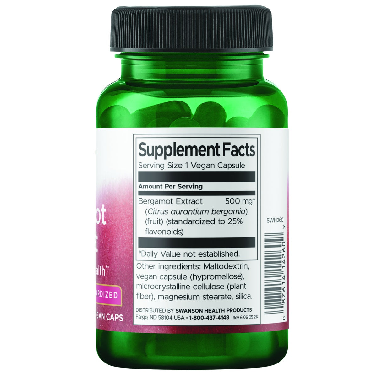 SWH260 | Back label showing Supplement Facts: Bergamot Fruit Extract 500 mg, ingredients and barcode