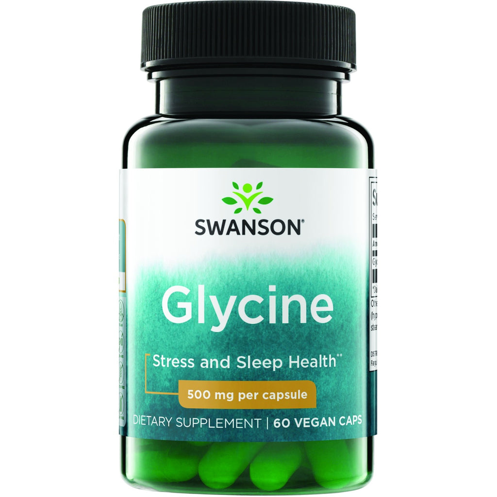 SWU509 | Swanson Glycine supplement bottle, 500 mg per capsule, 60 veggie caps, Stress and Sleep Health, Featuring AjiPure - Thumbnail