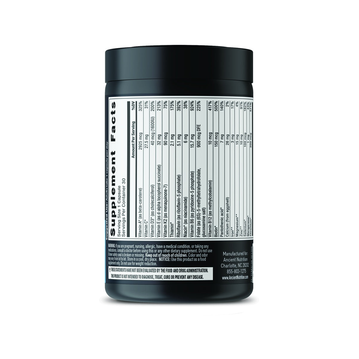 ATN055 | Supplement Facts panel for Ancient Nutrition capsules, with ingredients and warnings