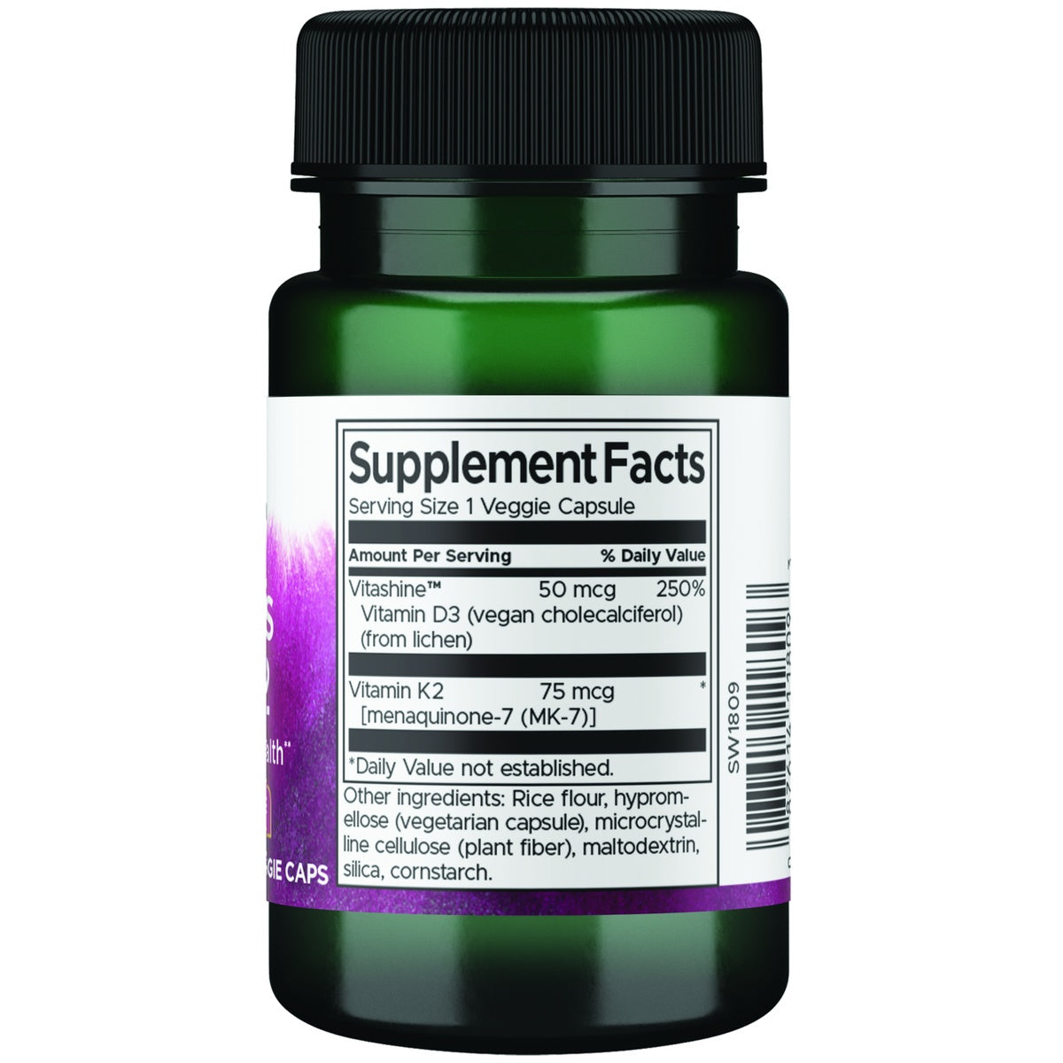 SW1809 | Back label showing Supplement Facts and ingredients; Serving Size 1 Vegan Capsule