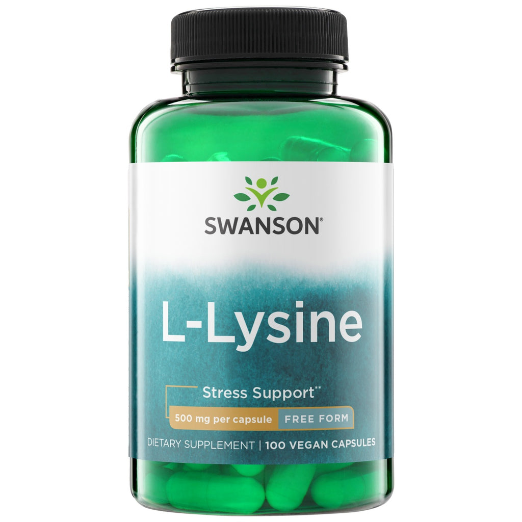 SW268 | Swanson L-Lysine bottle front label, Stress Support, 500 mg per capsule, Free Form, 100 capsules - Thumbnail