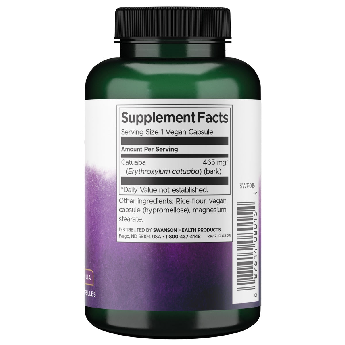 Back label Supplement Facts for Catuaba 465 mg per vegan capsule; other ingredients listed, barcode visible