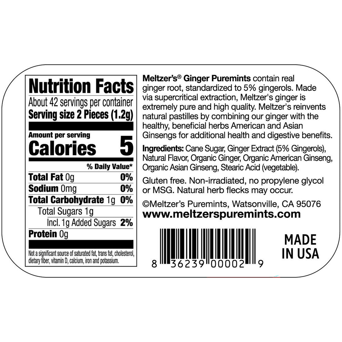 MLZ002 | Nutrition Facts label: serving size 2 pieces, Calories 5, Total Fat 0 g, Total Carb 1 g, Sugars 1 g, ingredients listed