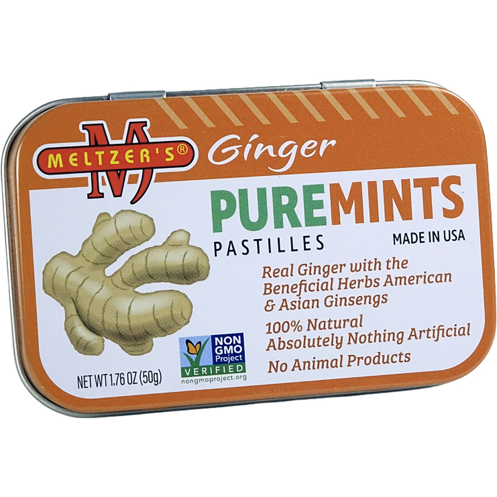 MLZ002 | tin of Meltzer's Ginger Puremints pastilles with green leaves on orange label - Thumbnail