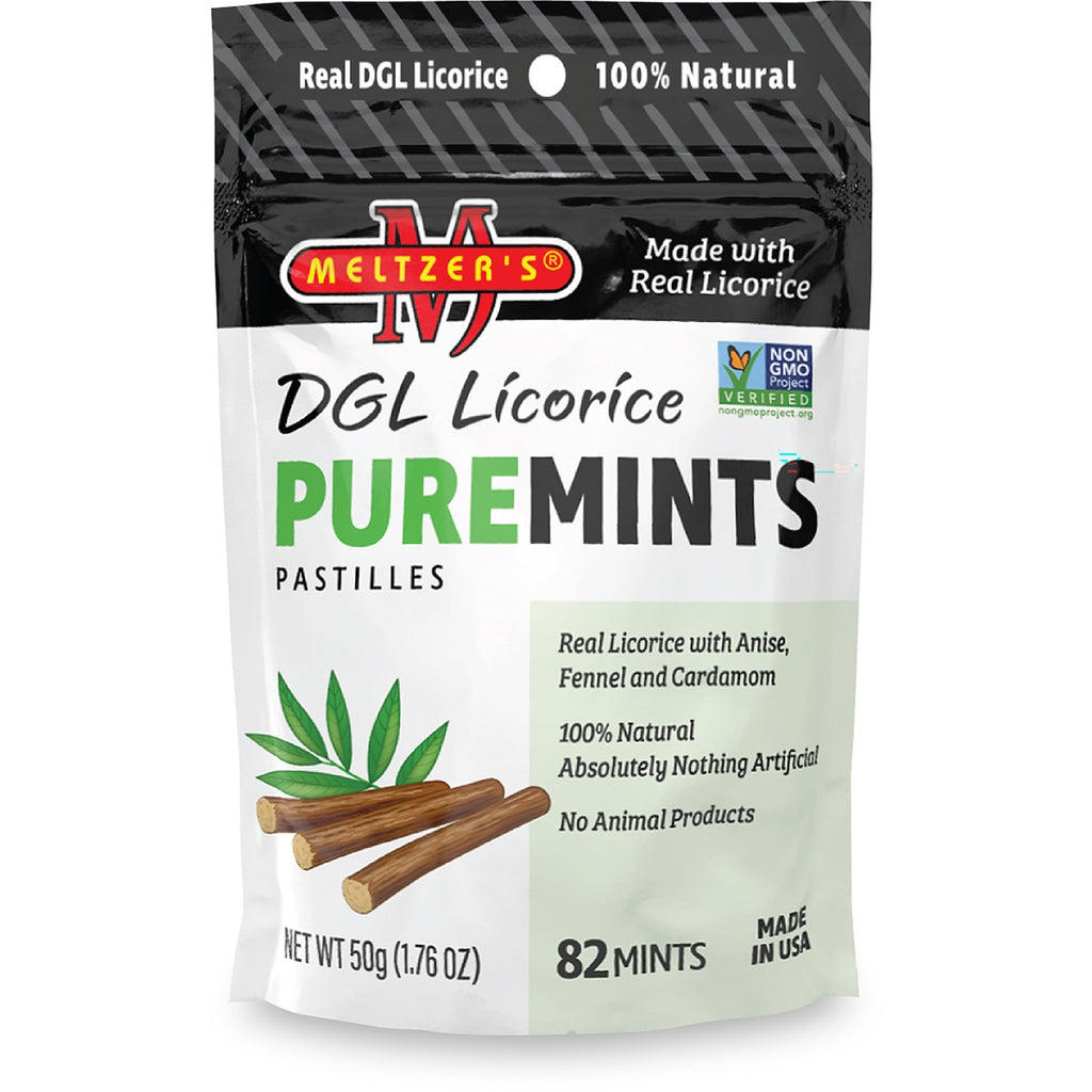 MLZ001 | Black tin of DGL Licorice Puremints pastilles with green mint leaves and Meltzer's logo - Thumbnail