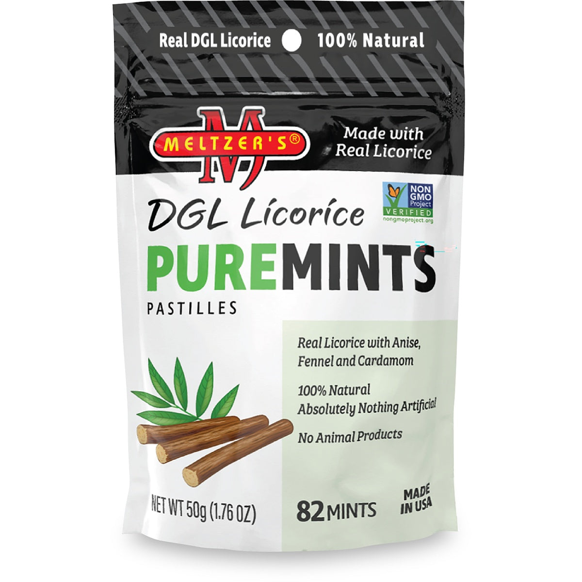 MLZ001 | Black tin of DGL Licorice Puremints pastilles with green mint leaves and Meltzer's logo
