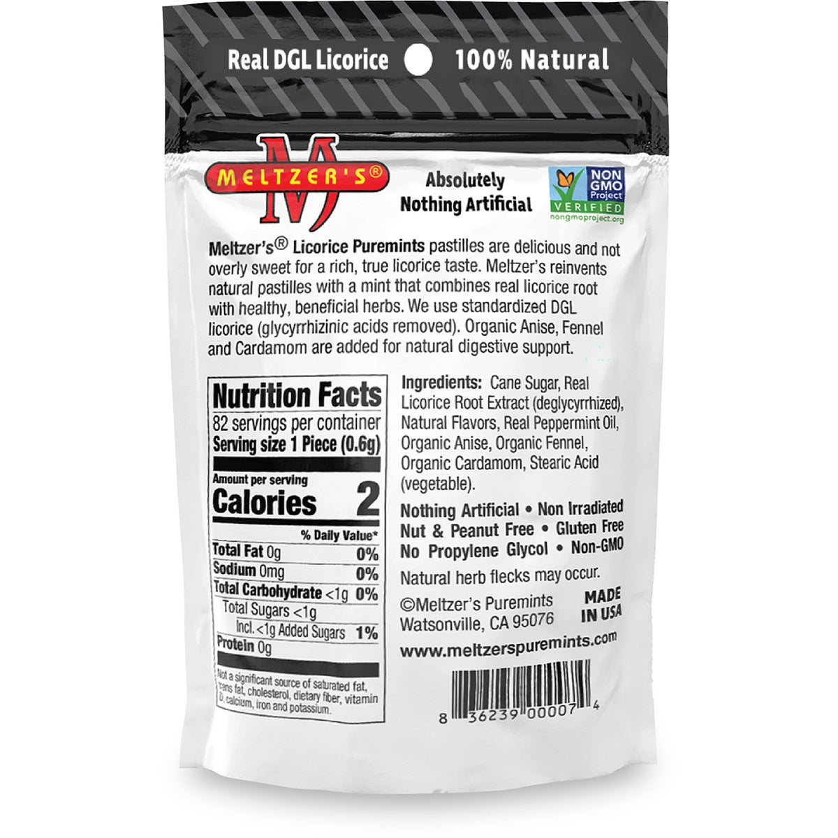 MLZ001 | back of white metal mint tin showing Nutrition Facts, ingredients list, Meltzer's Puremints branding and barcode