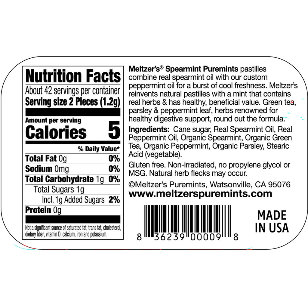 MLZ003 | Back label with Nutrition Facts, ingredients, and product details for Meltzer's Spearmint Puremints pastilles - Thumbnail