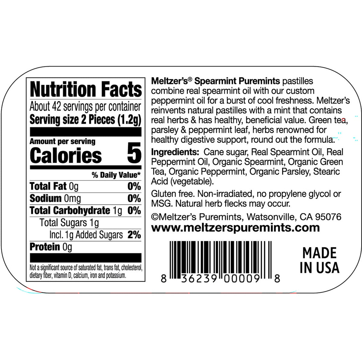 MLZ003 | Back label with Nutrition Facts, ingredients, and product details for Meltzer's Spearmint Puremints pastilles