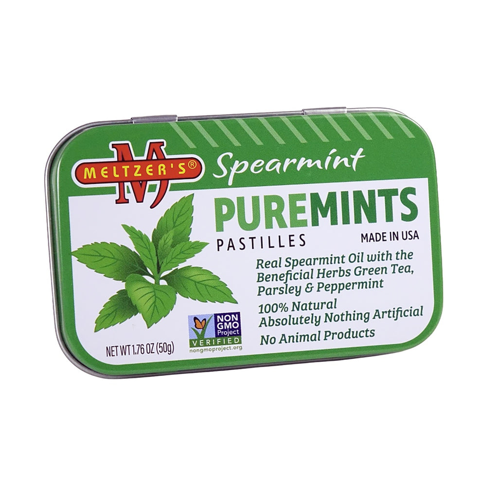 MLZ003 |Small rectangular green tin of Puremints spearmint pastilles with mint leaf graphics and Meltzer's logo - Thumbnail
