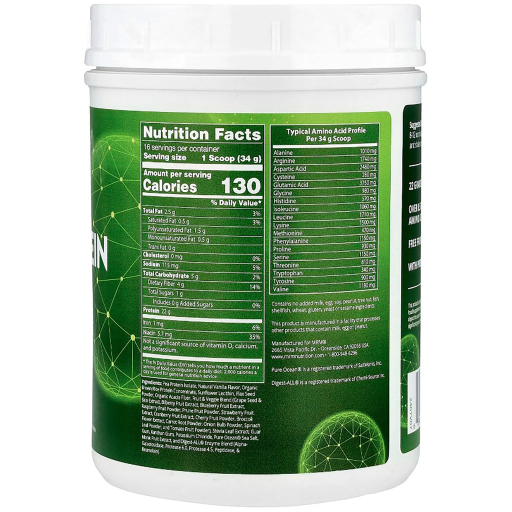 MRM017 | Back label showing Nutrition Facts, amino acid profile, and ingredients for a protein powder container - Thumbnail