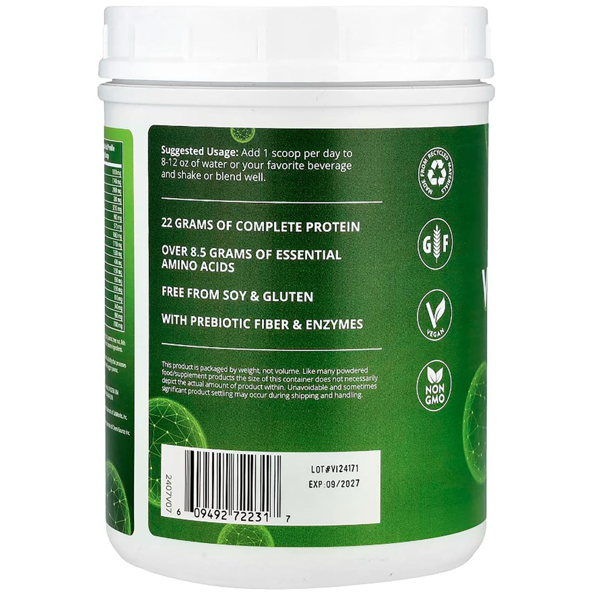 MRM017 | Back of green protein powder container with suggested usage, benefits, and certifications