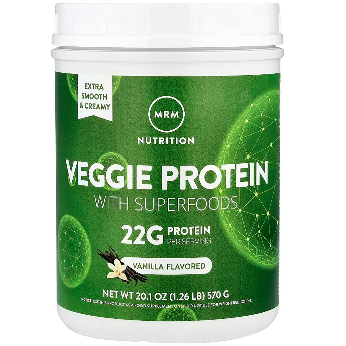 MRM017 | Green tub of MRM Nutrition Veggie Protein with Superfoods vanilla dietary supplement, front view