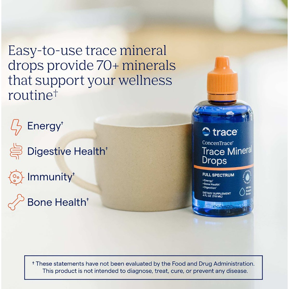 TM034 | Trace Mineral Drops bottle beside mug with text about energy, digestion, immunity, and bone health