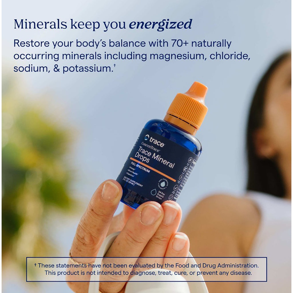 TM106 | Hand holding Trace Mineral Drops bottle beside a glass of water with usage instructions - Thumbnail