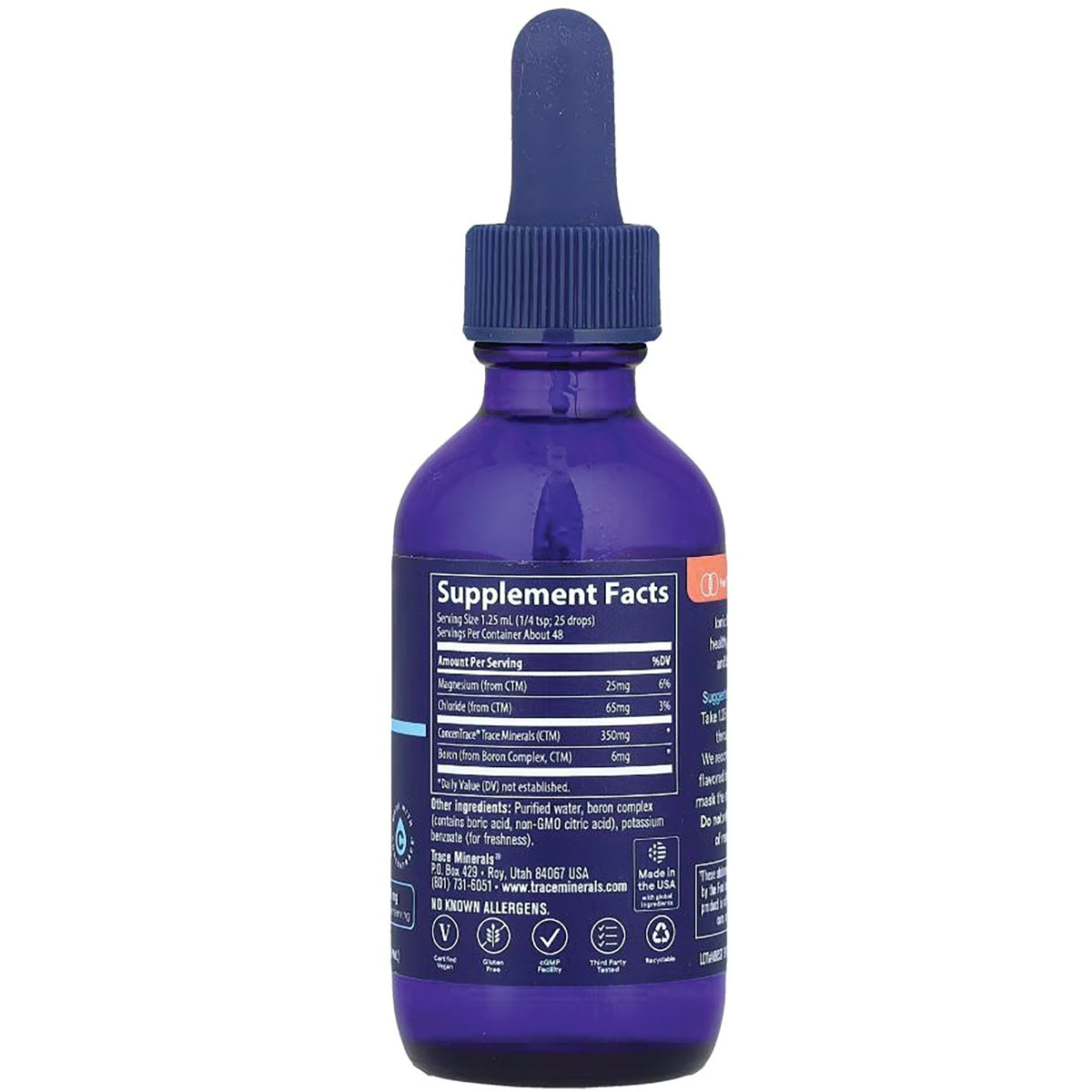 TM055 | Back of blue dropper bottle showing Supplement Facts panel and ingredients