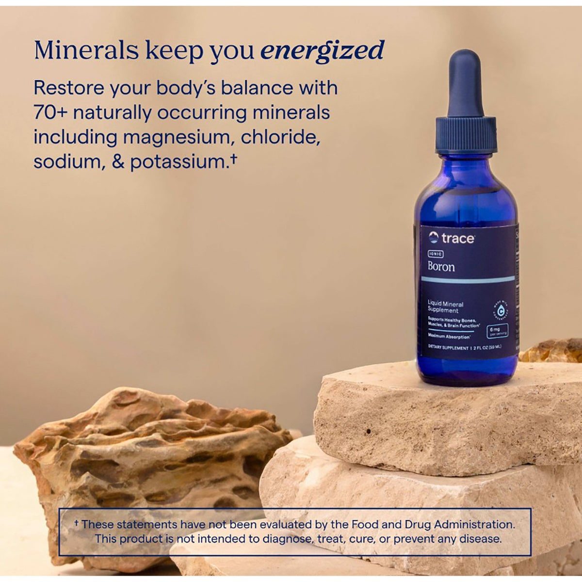 TM055 | Trace Ionic Boron liquid mineral supplement bottle with mineral benefits text
