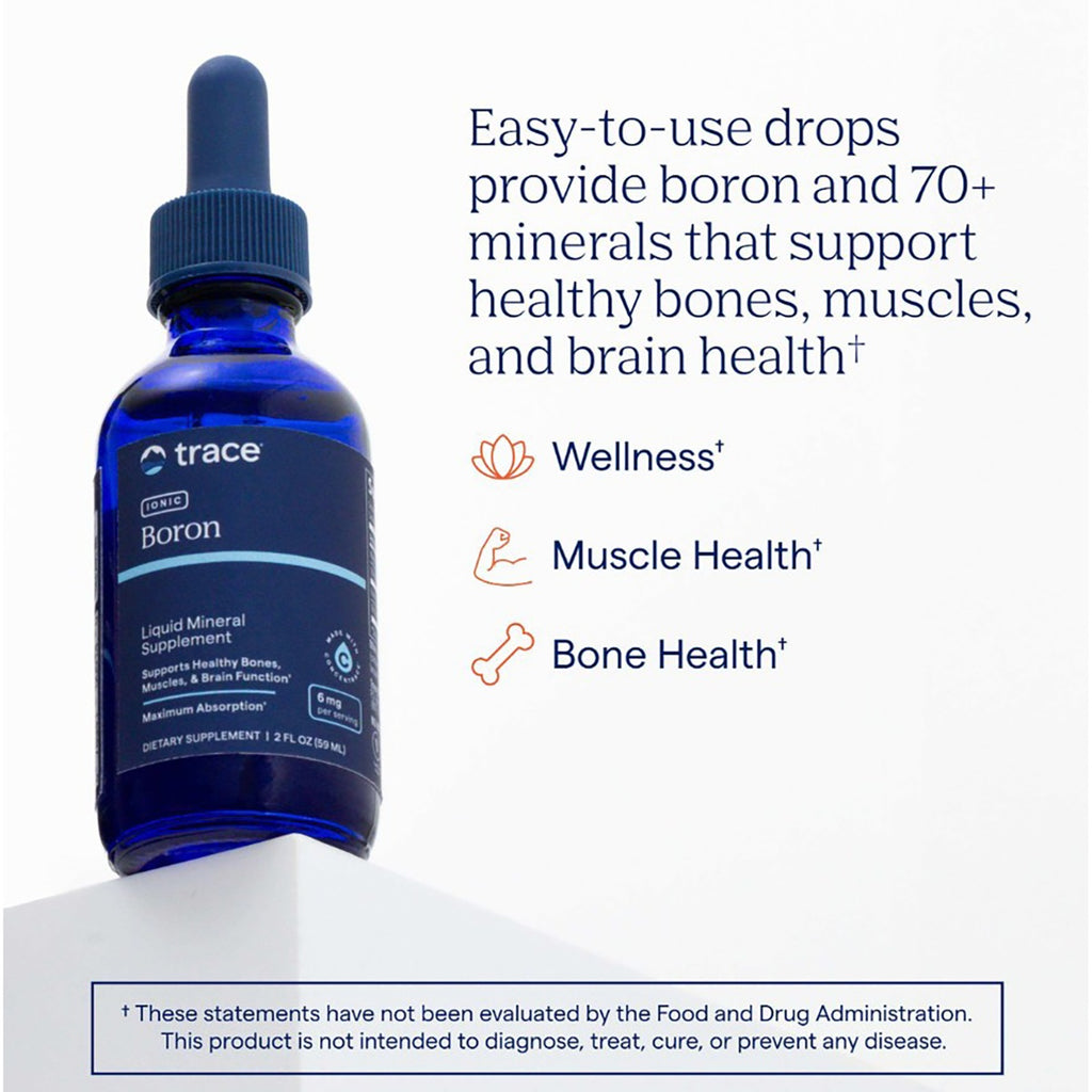 TM055 | Trace Ionic Boron liquid mineral supplement bottle with wellness, muscle health, and bone health claims - Thumbnail
