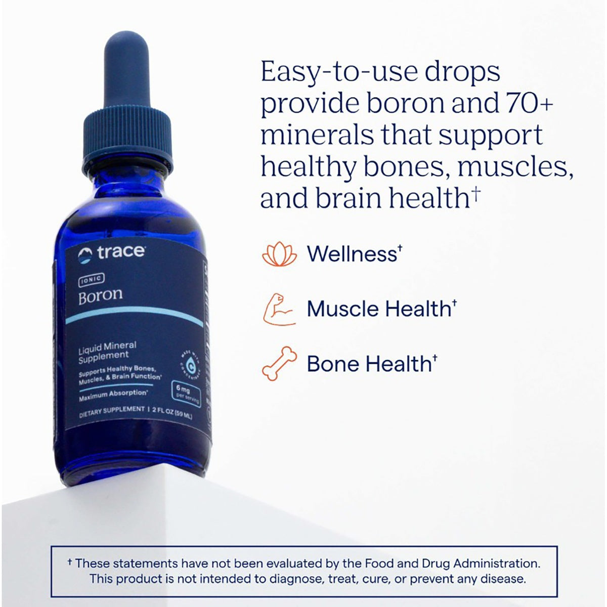 TM055 | Trace Ionic Boron liquid mineral supplement bottle with wellness, muscle health, and bone health claims