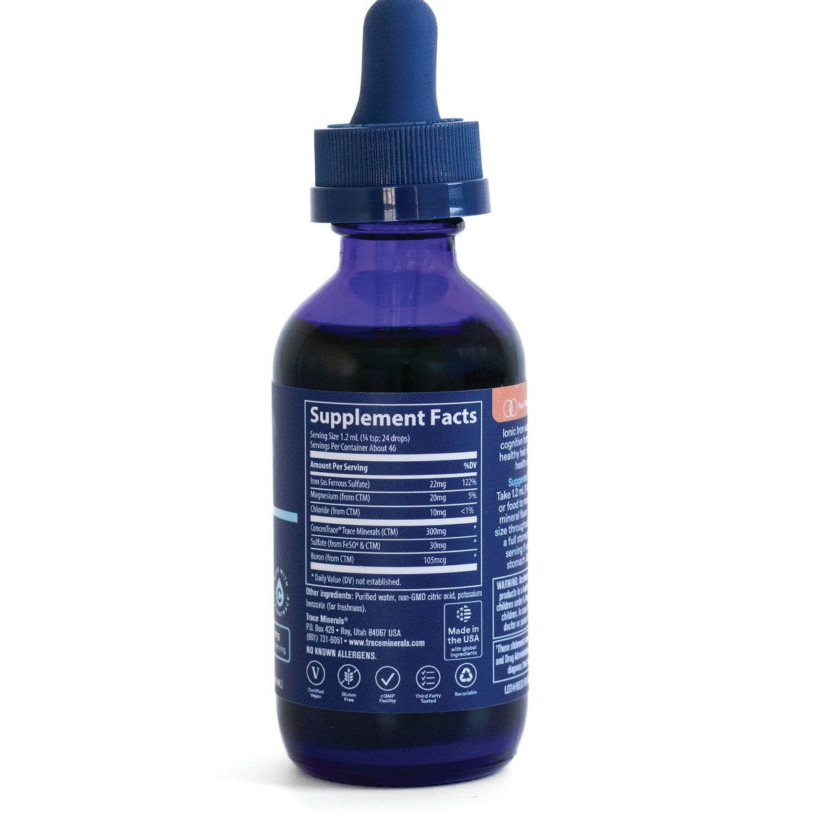 TM035 | Back label with Supplement Facts on blue dropper bottle