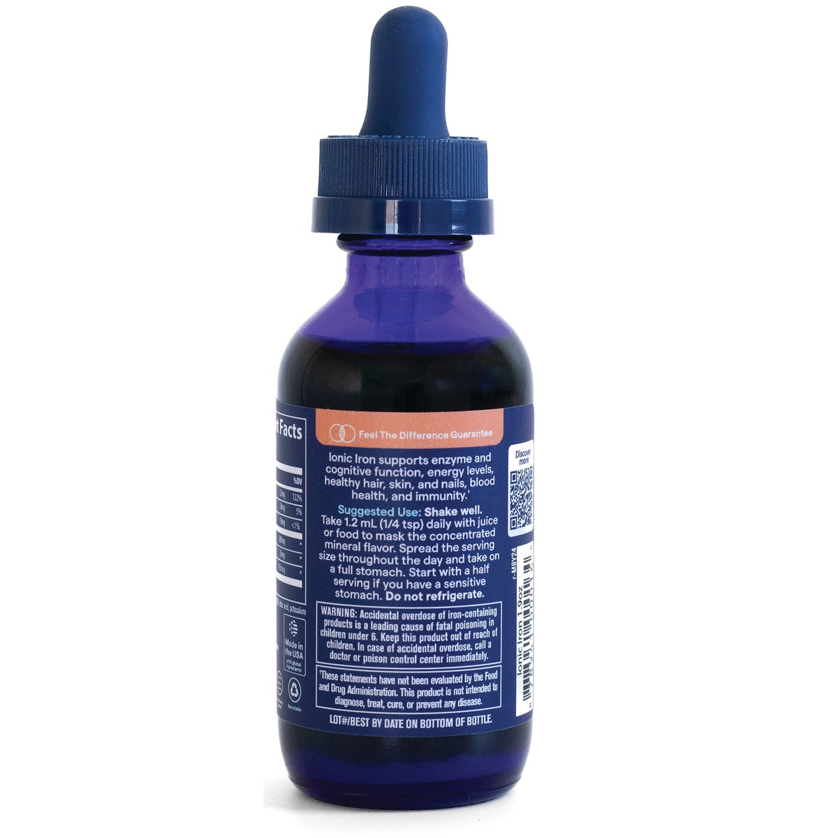 TM035 | Back label of blue dropper bottle; 'Ionic Iron' with Supplement Facts and usage directions