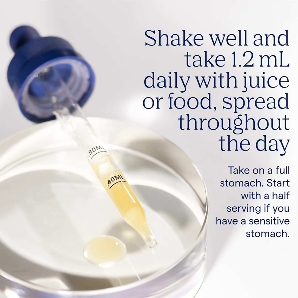 TM035 | Dropper dispensing liquid into a dish with dosage instructions and text about taking 1.2 mL daily - Thumbnail