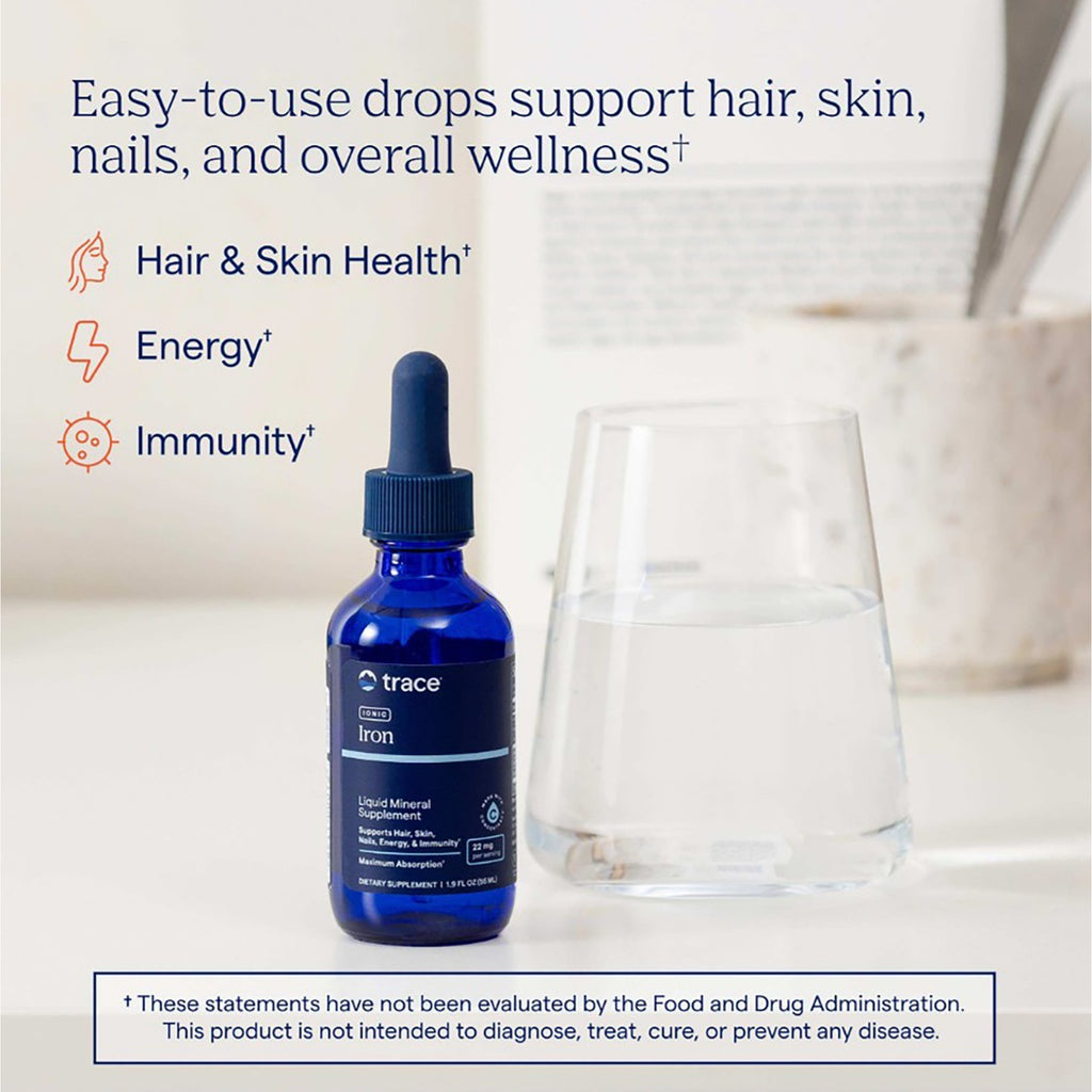 TM035 | Trace Ionic Iron liquid mineral supplement bottle beside a glass of water, with wellness benefits text - Thumbnail