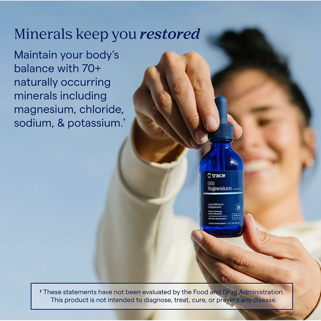 TM036 | Back of blue dropper bottle, magnesium 2 oz label with QR code and Non-GMO, vegan, gluten free, cGMP icons - Thumbnail