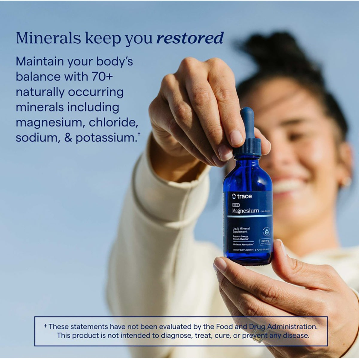 TM036 | Back of blue dropper bottle, magnesium 2 oz label with QR code and Non-GMO, vegan, gluten free, cGMP icons