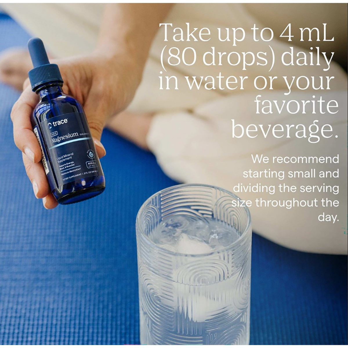TM036 | Back of blue dropper bottle with Supplement Facts, directions, and certifications label