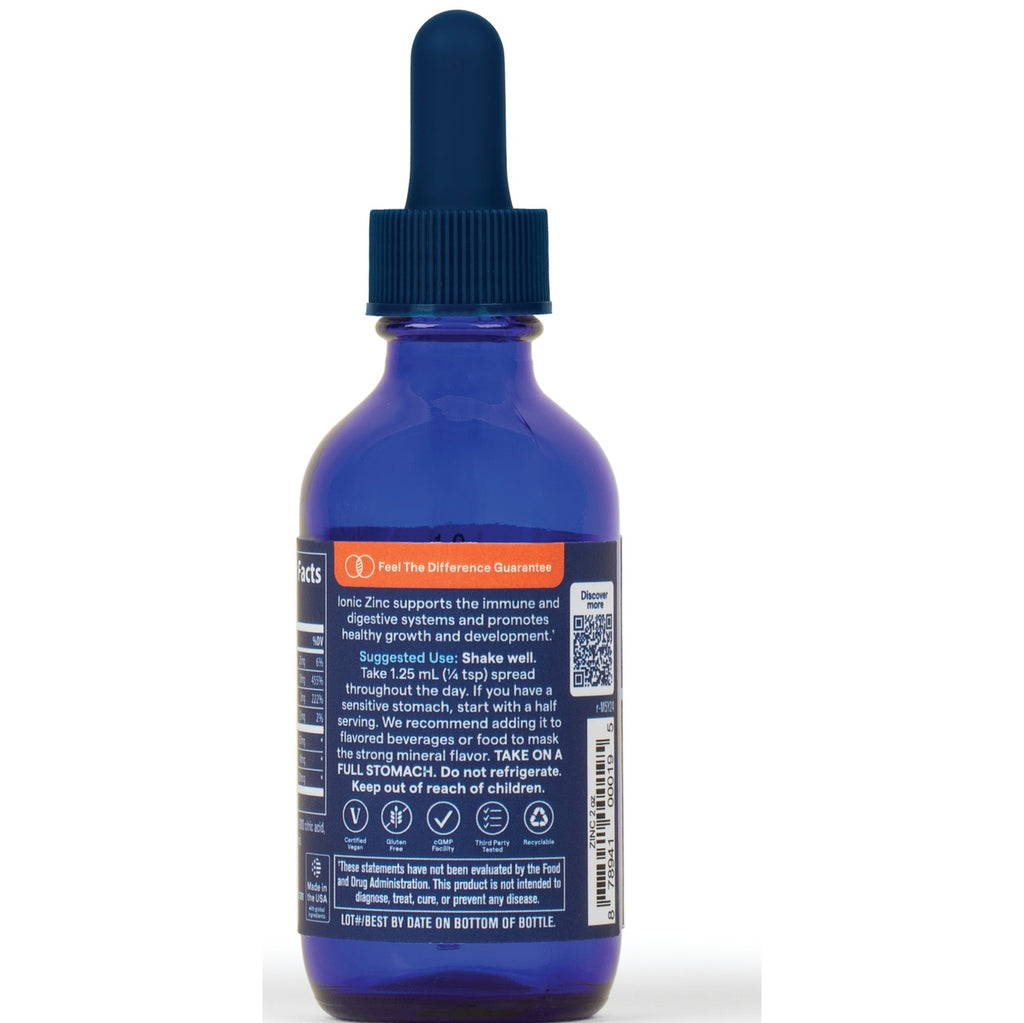 TM027 | Back of blue dropper bottle showing Ionic Zinc supplement label, directions, icons, and QR code - Thumbnail