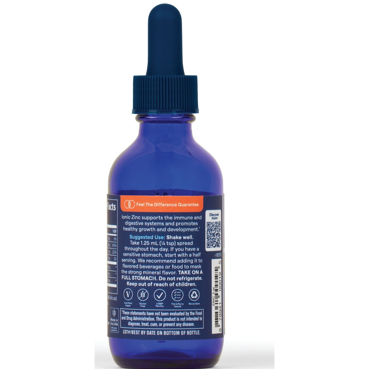 TM027 | Back of blue dropper bottle showing Ionic Zinc supplement label, directions, icons, and QR code