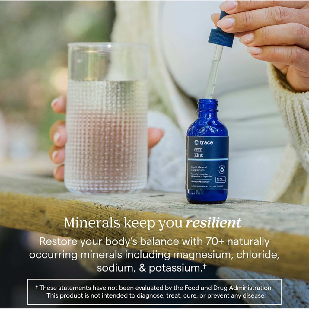 TM027 | Trace Zinc liquid mineral supplement beside a glass as a dropper adds liquid, with mineral balance messaging - Thumbnail