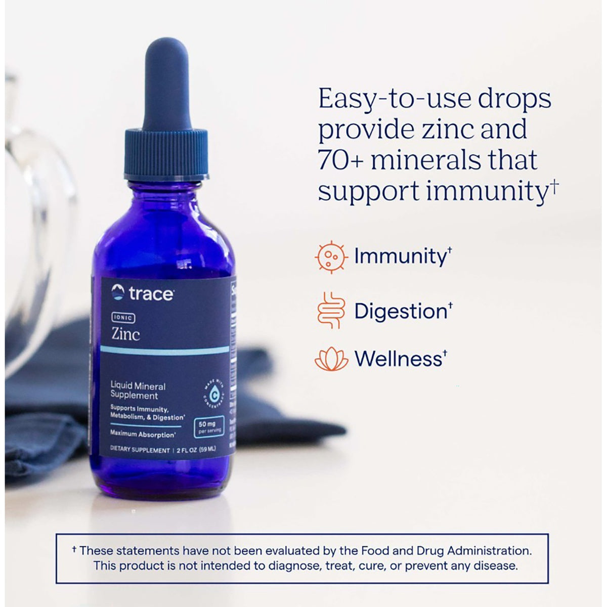 TM027 | Back label of blue dropper bottle showing Supplement Facts, directions, and Gluten Free, Certified Vegan, cGMP icons
